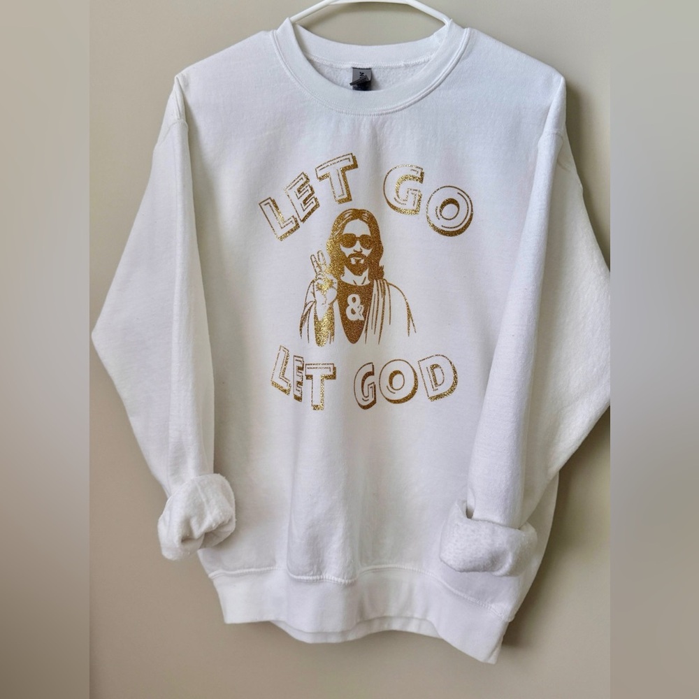 Let Go & Let God Gold Sparkle Crewneck Sweatshirt in White